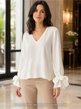 Zara White V-Neck Bow Cuff Blouse Minimalist Office Career Top L